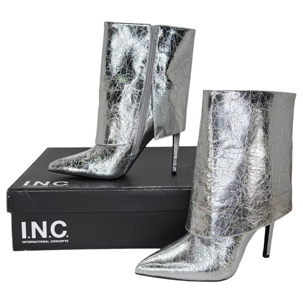 INC Sabeel Silver Patent Leather Cuff Heeled Womens Boots Size 8.5M - Picture 13 of 14